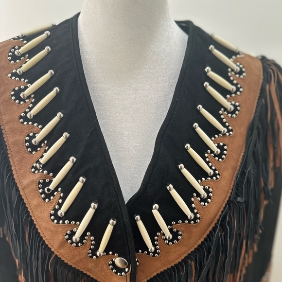 Vtg Leather Gallery Black Suede & Leather Jacket Fringe Faux Bone Beads - Picture 2 of 7